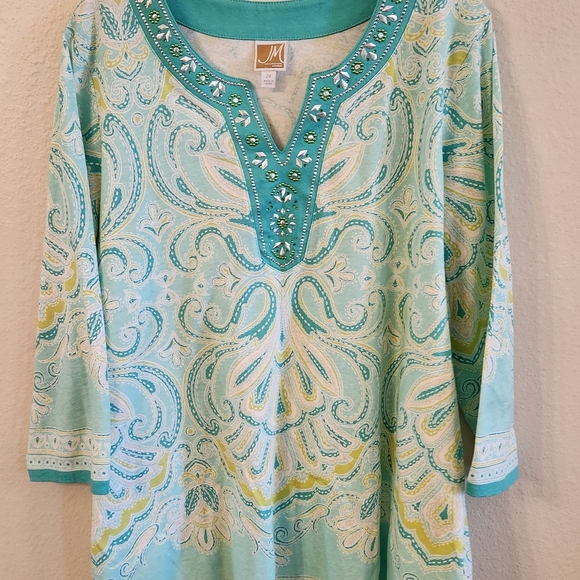JM Collection 3/4 Sleeve Teal Paisley Design Tunic Shirt. Embellished Sz 2X NWOT - Picture 2 of 13